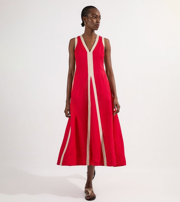 Contrast Linen V-Neck Woven Midi Dress