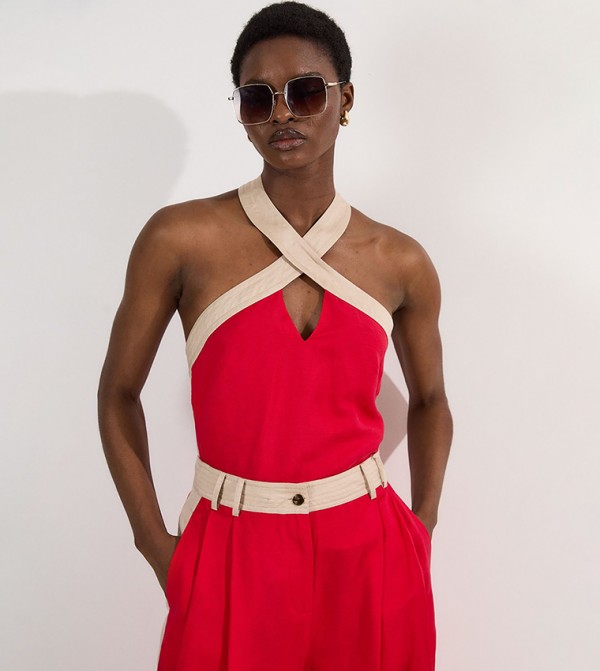 Contrast Linen Halter Neck Woven Top