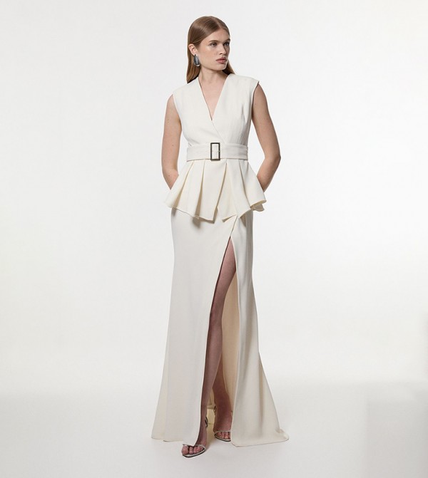 Solid Soft Belted Peplum Maxi Dress
