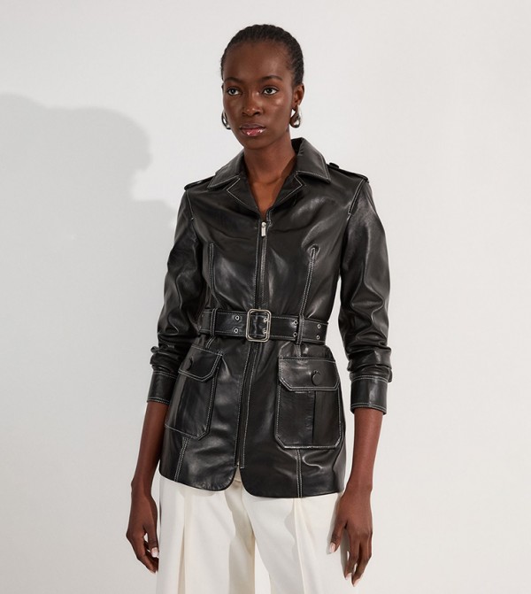 Stitch Detail Tailored Belted Leather Jacket