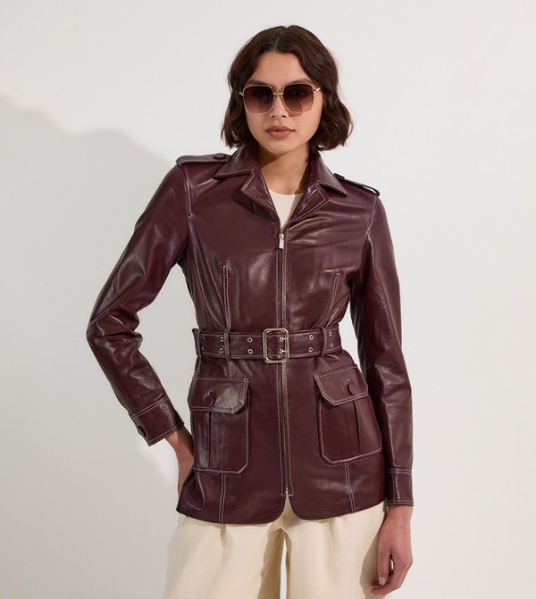 Stitch Detail Tailored Belted Leather Jacket