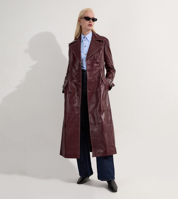 Petite Leather Stitch Detail Tailored Trench Coat