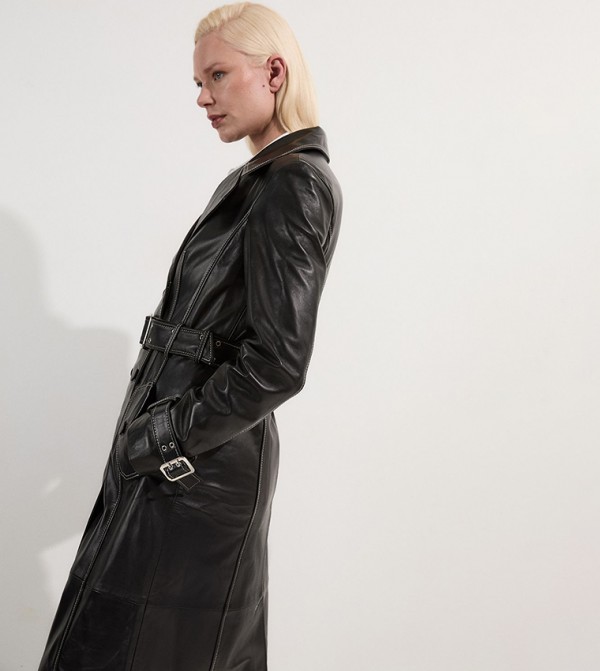 Leather Stitch Detail Tailored Trench Coat