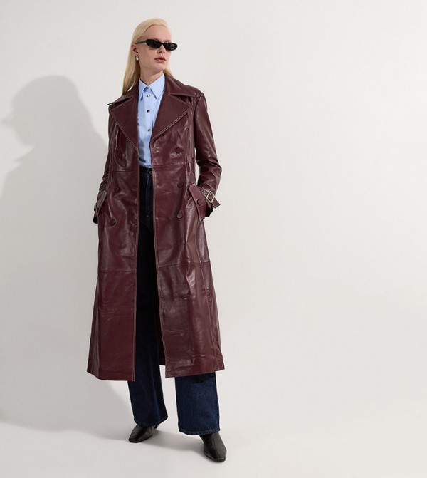 Leather Stitch Detail Tailored Trench Coat