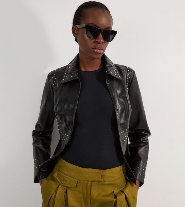Studded Leather High Collar Tailored Jacket