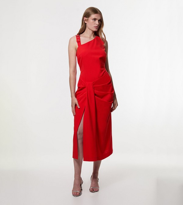 Asymmetric Neck Strappy Detail Midi Dress