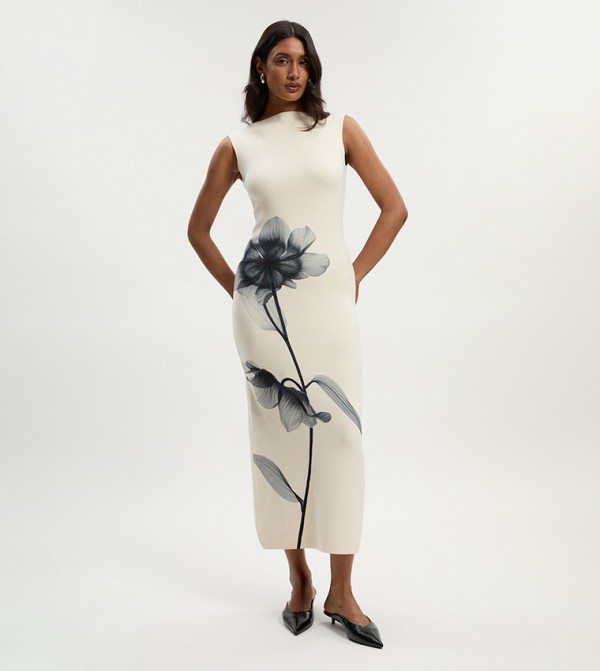 Petite Floral Placement Print Knit Midi Dress