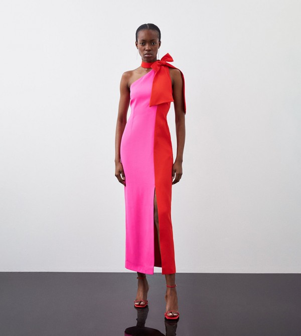 Soft Tailored Color Block Bow Tie Neck Midi Dress