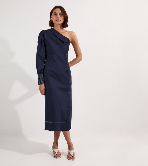 Cotton Poplin Top Stitch Detail One Shoulder Woven Midi Dress