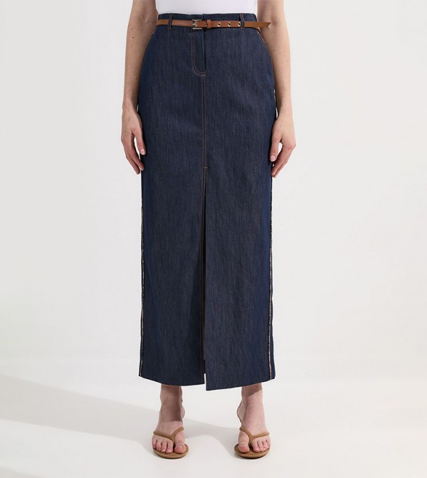 Belted Pocket Detail Denim Maxi Skirt