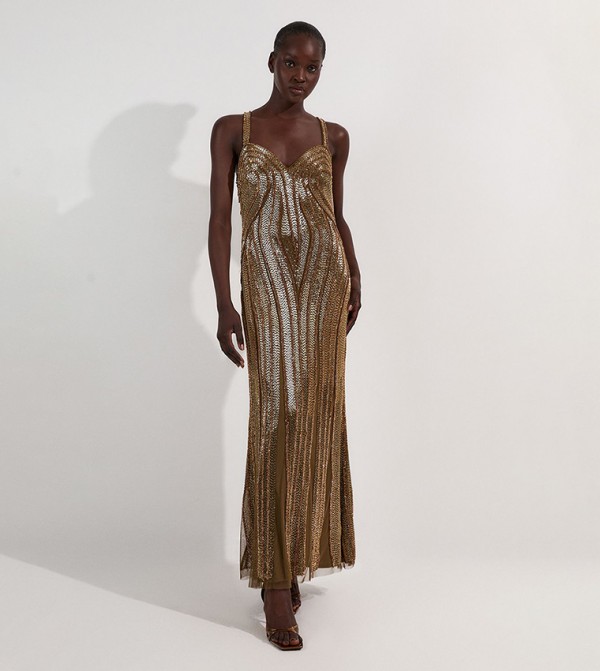 Petite Beaded Contour Sweetheart Neck Woven Maxi Dress