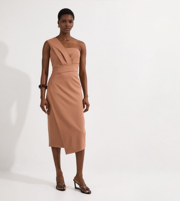 Petite One Shoulder Tuck Detail Pencil Midi Dress