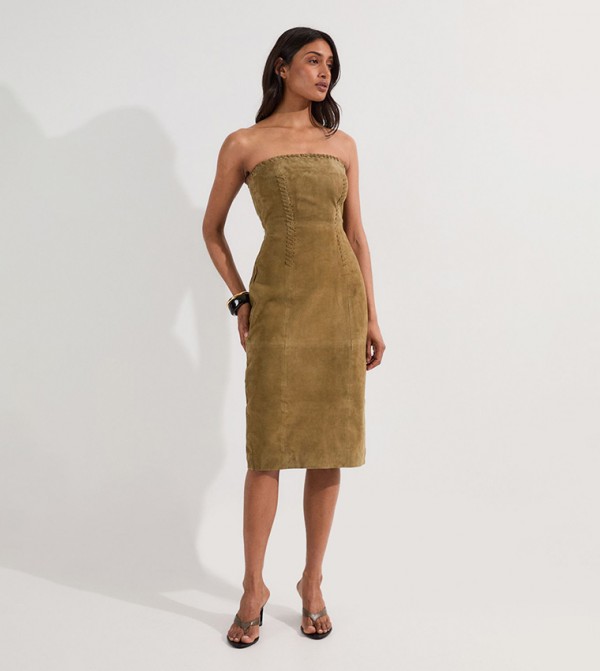 Suede Whipstitch Detail Bandeau Midi Dress