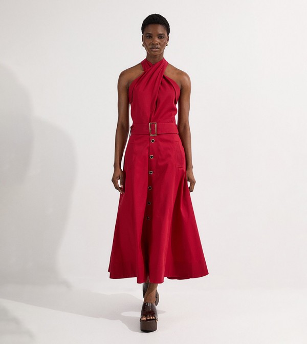 Tailored Polished Cotton Belted Halterneck Midi Dress