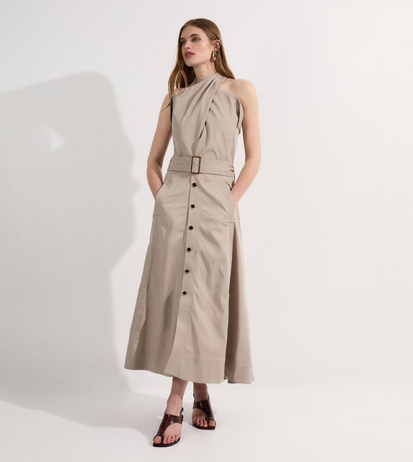 Tailored Polished Cotton Belted Halterneck Midi Dress