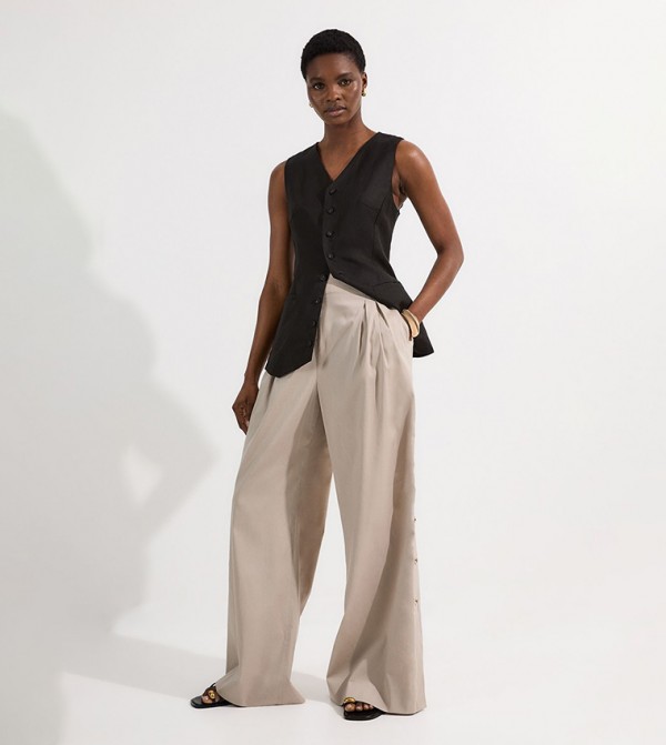 Tailored Polished Button Side Wide Leg Trousers