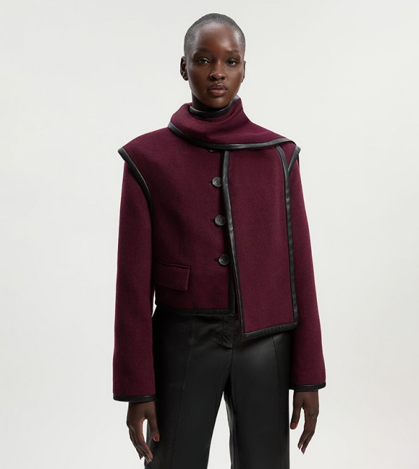 Petite Brushed Wool PU Mix Detachable Scarf Crop Coat