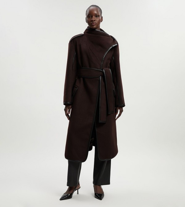Petite Brushed Wool Scarf Neck Belted Tailored Maxi Coat