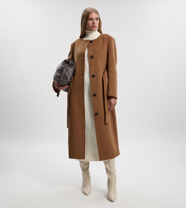 Brushed Wool Single Breasted Belted Coat