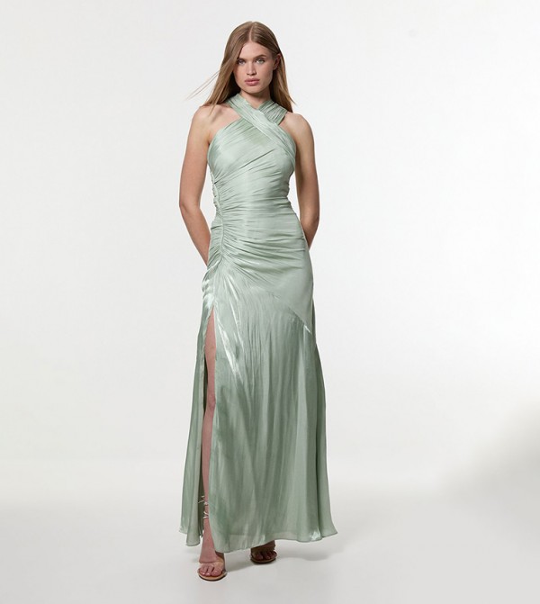 Digital Ophelia Metallic Slit Woven Maxi Dress