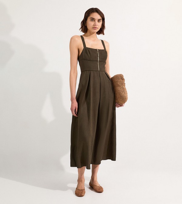 Petite Linen Twill Top Stitch Strappy Zip Front Midi Dress