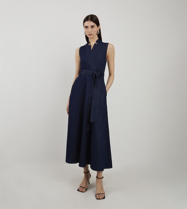 Petite Notch Neck Belted Fluid Denim Midi Dress