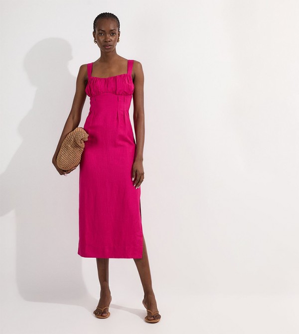 Viscose Linen Ruched Detail Strappy Midi Dress