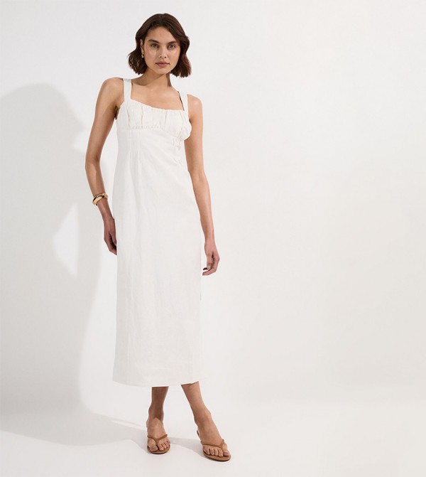 Viscose Linen Ruched Detail Strappy Midi Dress
