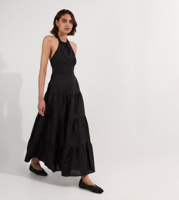 Viscose Linen Halter Tiered Woven Maxi Dress