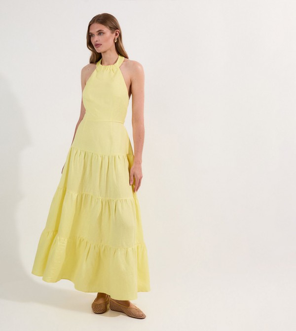 Viscose Linen Halter Tiered Woven Maxi Dress