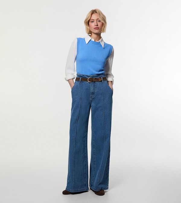 Petite Waistband Detail Wide Leg Jeans