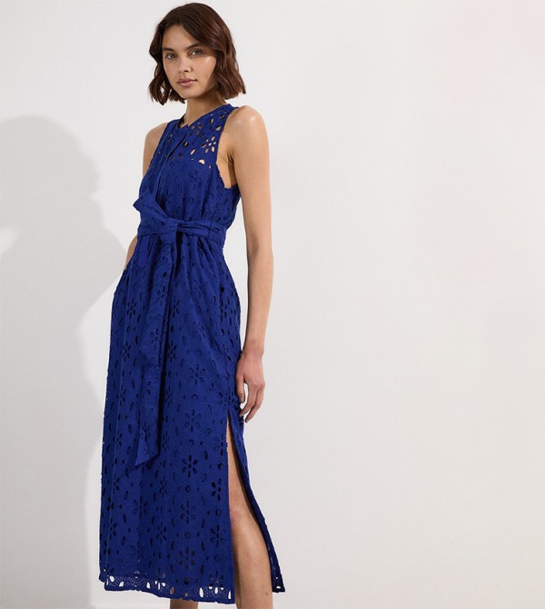 Broderie Sleeveless Belted Midi Dress