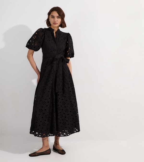 Cotton Broderie Belted Short Sleeves Midi Dress