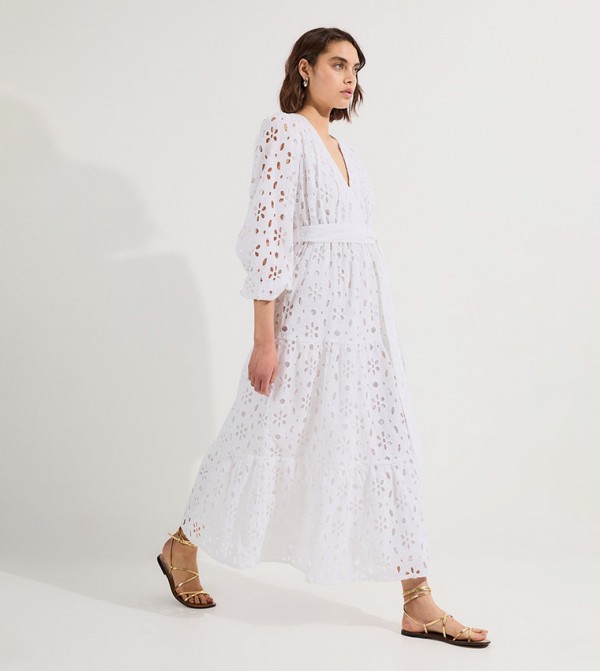 Broderie Belted Short Sleeves Woven Midi Dress