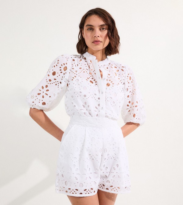 Broderie Belted Short Sleeves Top