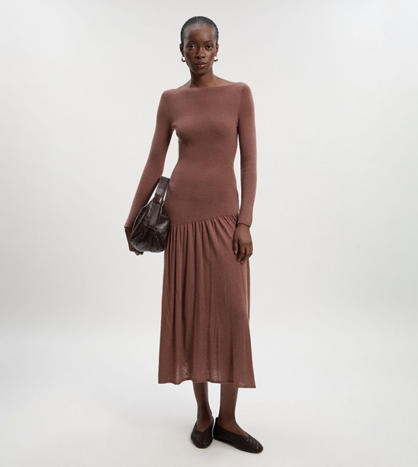 Wool Blend Sheer Skirt Midi Dress