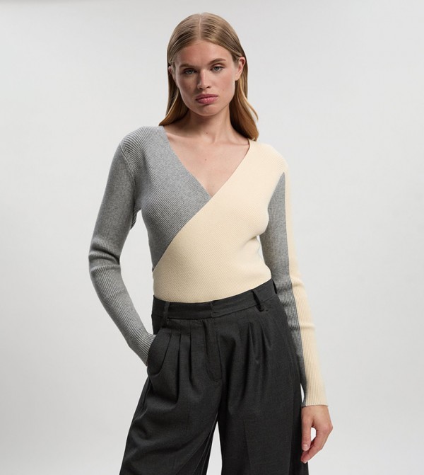 Soft Ribbed Wrap Front V-Neck Sweater