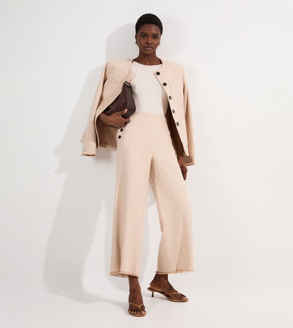 Tweed Tailored Button Detail Cropped Wide Leg Trousers