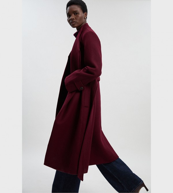 Wool Wrap Neck Tailored Belted Coat