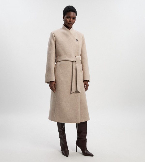 Wool Wrap Neck Tailored Belted Coat