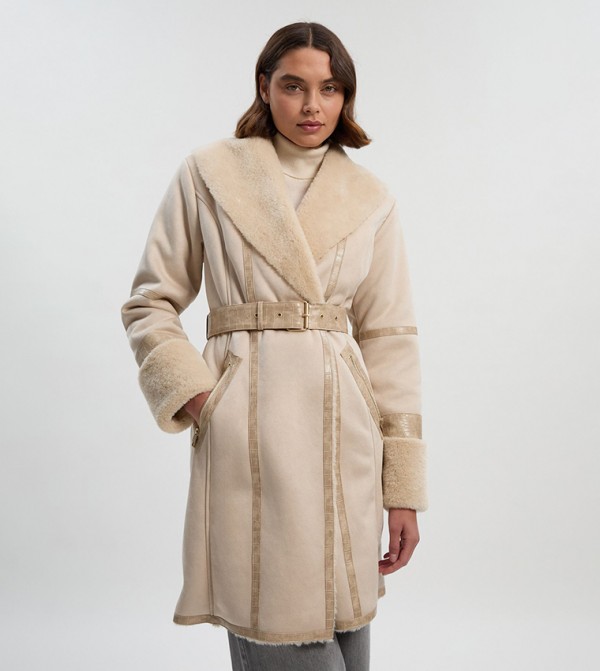 Faux Shearling Snake Tipped Belted Short Cuff and Collar Coat