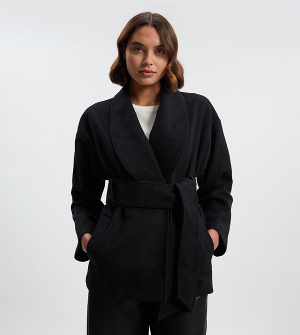 Brushed Wool Belted Wrap Tailored Short Coat