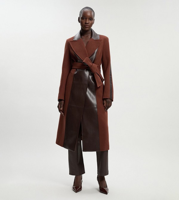 Wool PU Mix Belted Coat