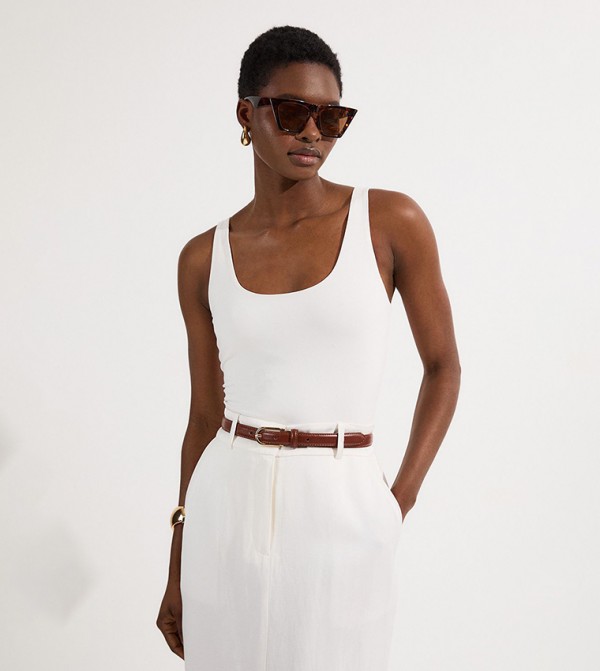 Stretch Cotton Sleeveless Scoop Neck Jersey Bodysuit Top