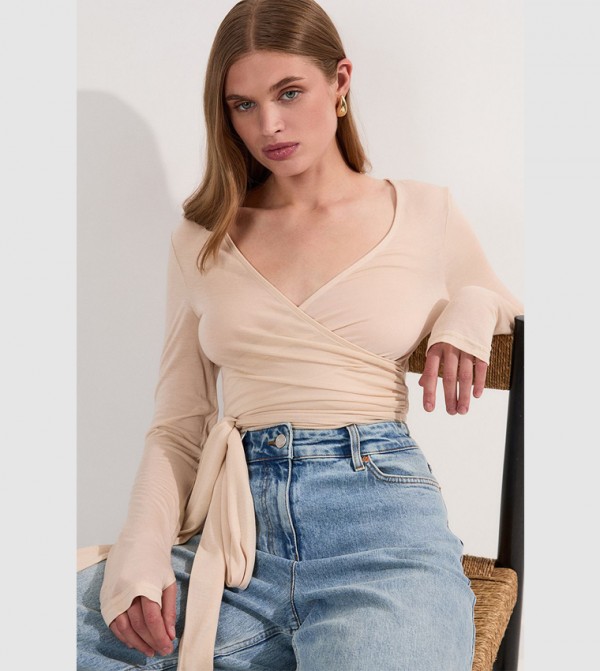 Tencel Jersey Wrap Detail Plunge Neck Long Sleeves Top