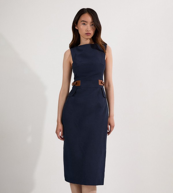 Petite Tailored Linen Tab Waist Pencil Midi Dress