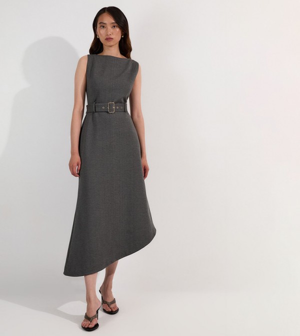 Asymmetric Hem Belted Ponte Midi Dress