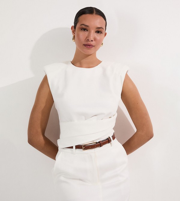 Ponte Ruched Waist Detail Round Neck Top