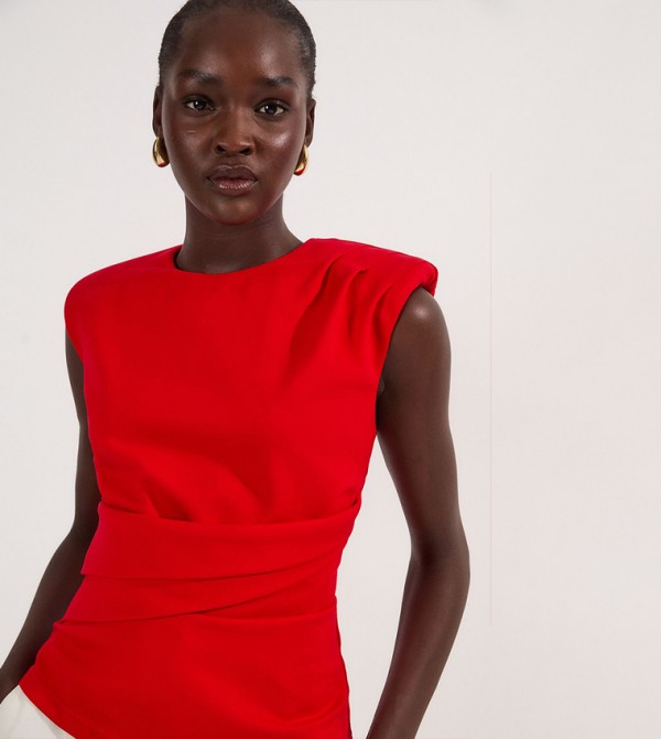 Ponte Ruched Waist Detail Round Neck Top