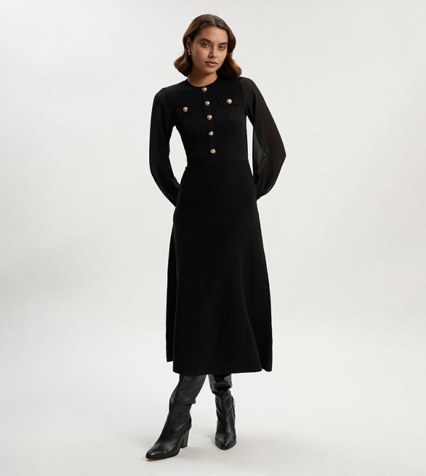 Petite Viscose Blend Long Sleeves Midi Dress
